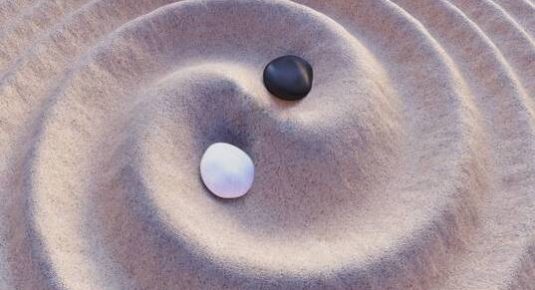 Black and white stones in sand. Yin-Yang symbol. 3D rendered illustration. Black and white stones in sand. Yin-Yang symbol. 3D rendered illustration.